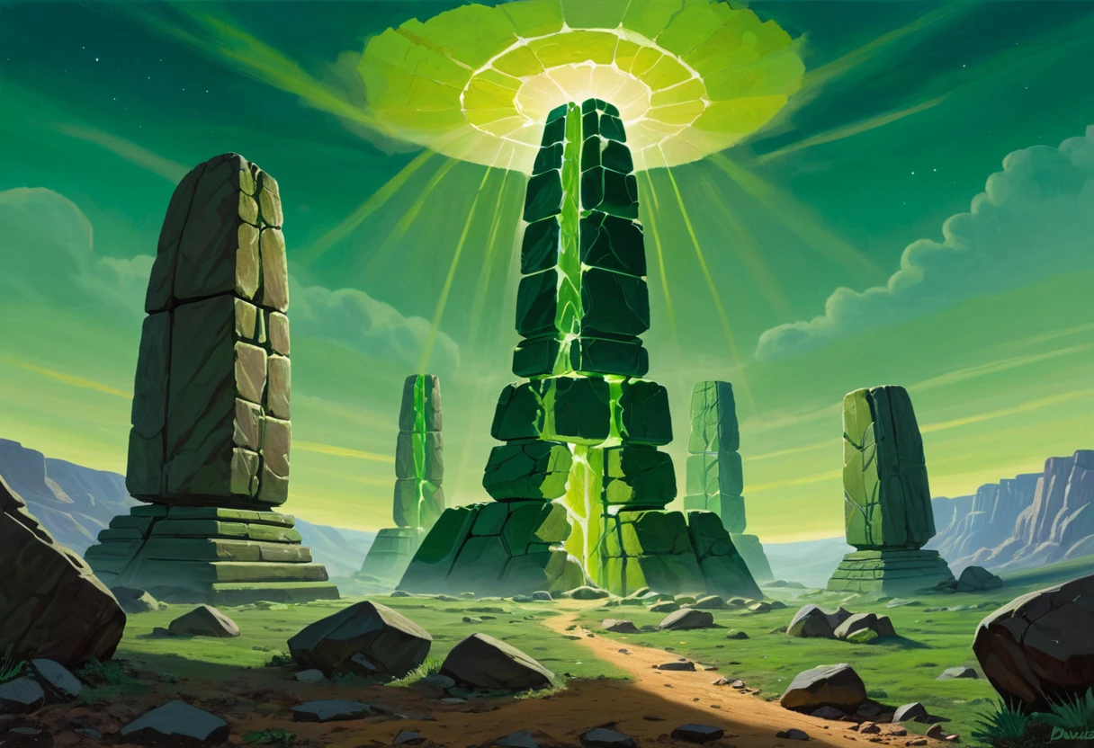 A painting of three large stone structures floating above a rocky green landscape. The structures are made of large stone blocks that are held together by glowing green energy. The largest of the three structures is in the center and it has a large green eye on its front face. The other two structures are smaller and they are positioned on either side of the central structure. The structures are surrounded by large rocks and there is a dead tree on the left side of the image. By David Alvarez.
<lora:Necron-000008:1>