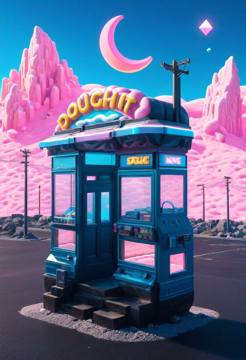 neon isometric, ground vehicle, crescent moon, blue sky, doughnut, utility pole, crystal, storefront, silhouette, scenery, window, rock, indoors, underwater,  electricity, poster (object),  pink sky, game boy, extremely detailed, masterpiece, official art, best quality, octane render, absurdres, side lighting, neon lighting, isometric view, diorama, cinematic lighting, cinematic angle