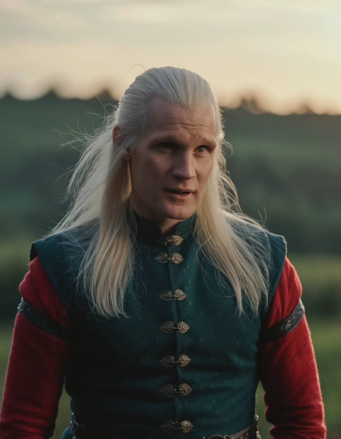 high resolution photo of da3mon, he has long white hair,full body shot,the scene has a dramatic look,he is wearing a red jerkin,volumetric lighting and bokeh,the background is super detailed,the shot is cinematic