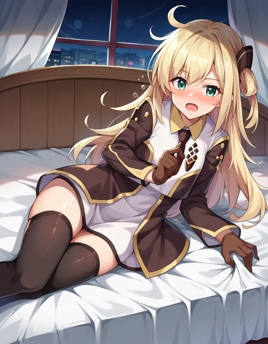 score_9, score_8_up, score_7_up, source_anime,
skystrikeraceraye, <lora:sky-striker-ace-raye-ponyxl-lora-nochekaiser:1>,
sky striker ace raye, blonde hair, green eyes, long hair, one side up,
black thighhighs, collared dress, dress, gloves, long sleeves, short dress, thighhighs, zettai ryouiki,
indoors, bed, bed room, on side, blush, drunk,
looking at viewer, cowboy shot, dutch angle,