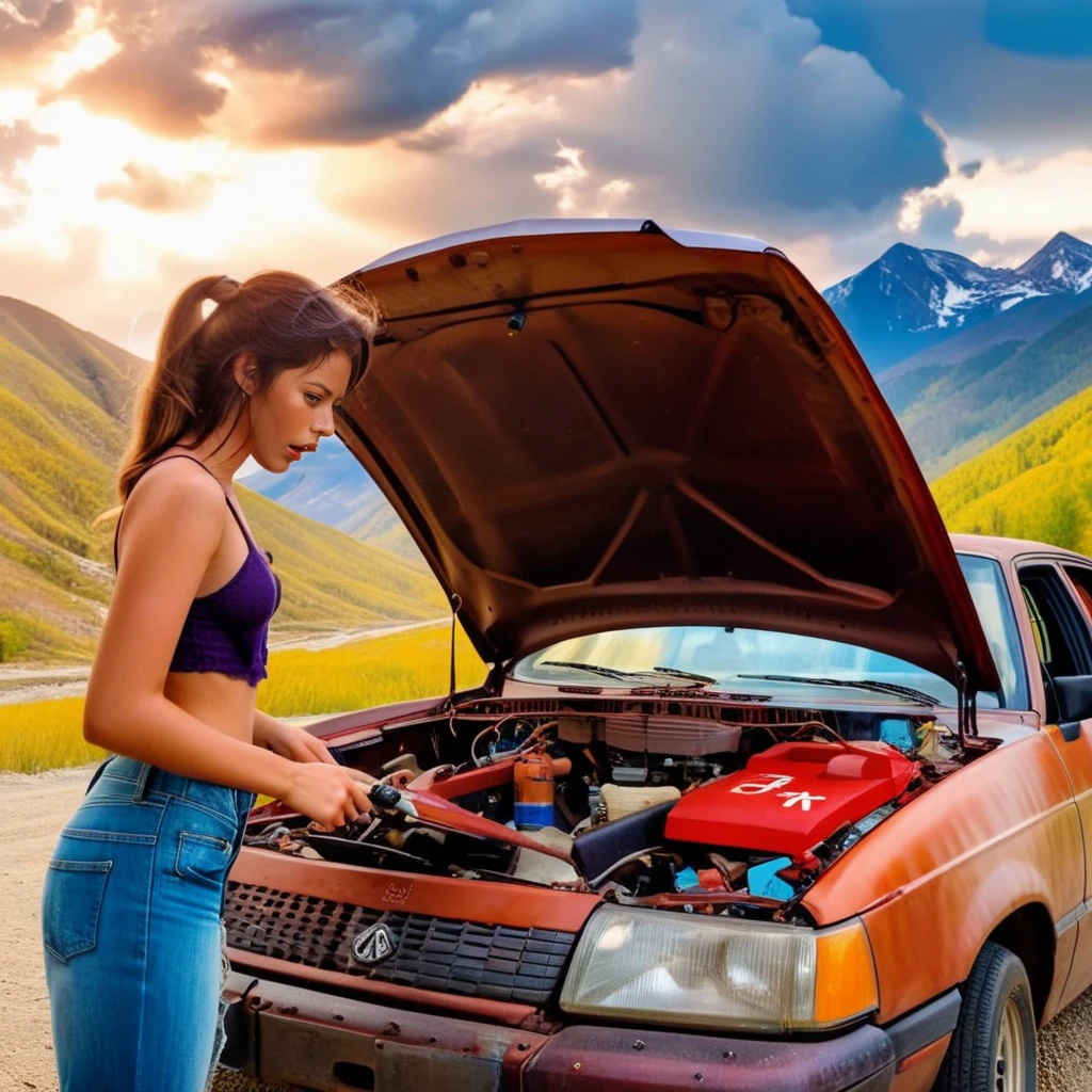 <lora:guatemala:1.3> an intricate photo of a cute young woman fixing a broke car with a mountainous horizon at a real world location, tack sharp, 4k, masterpiece