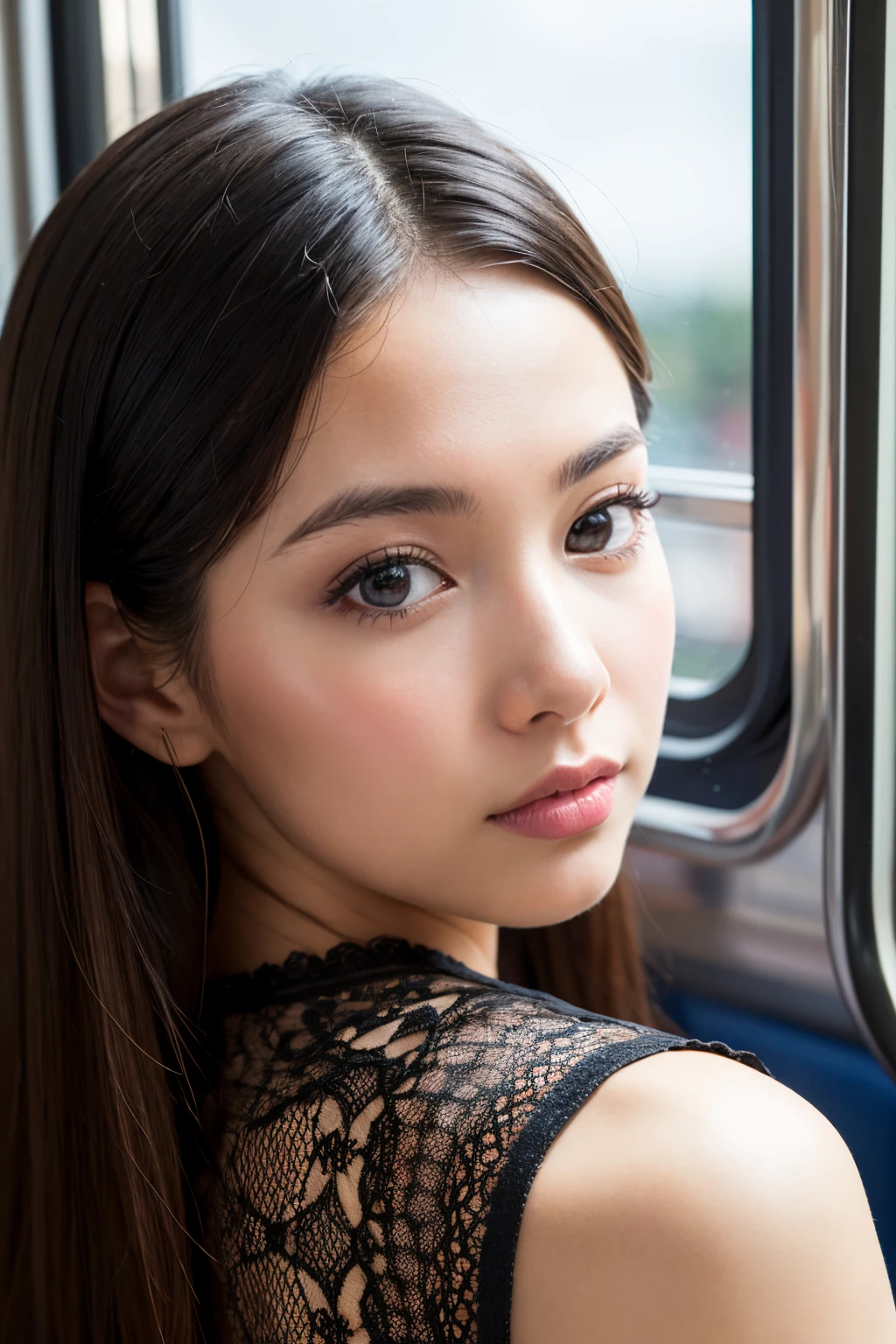 1girl, looking outside, in train, modern, relaxing, intricate details, ((beautiful face)), (((best quality, masterpiece))),(((realistic))),