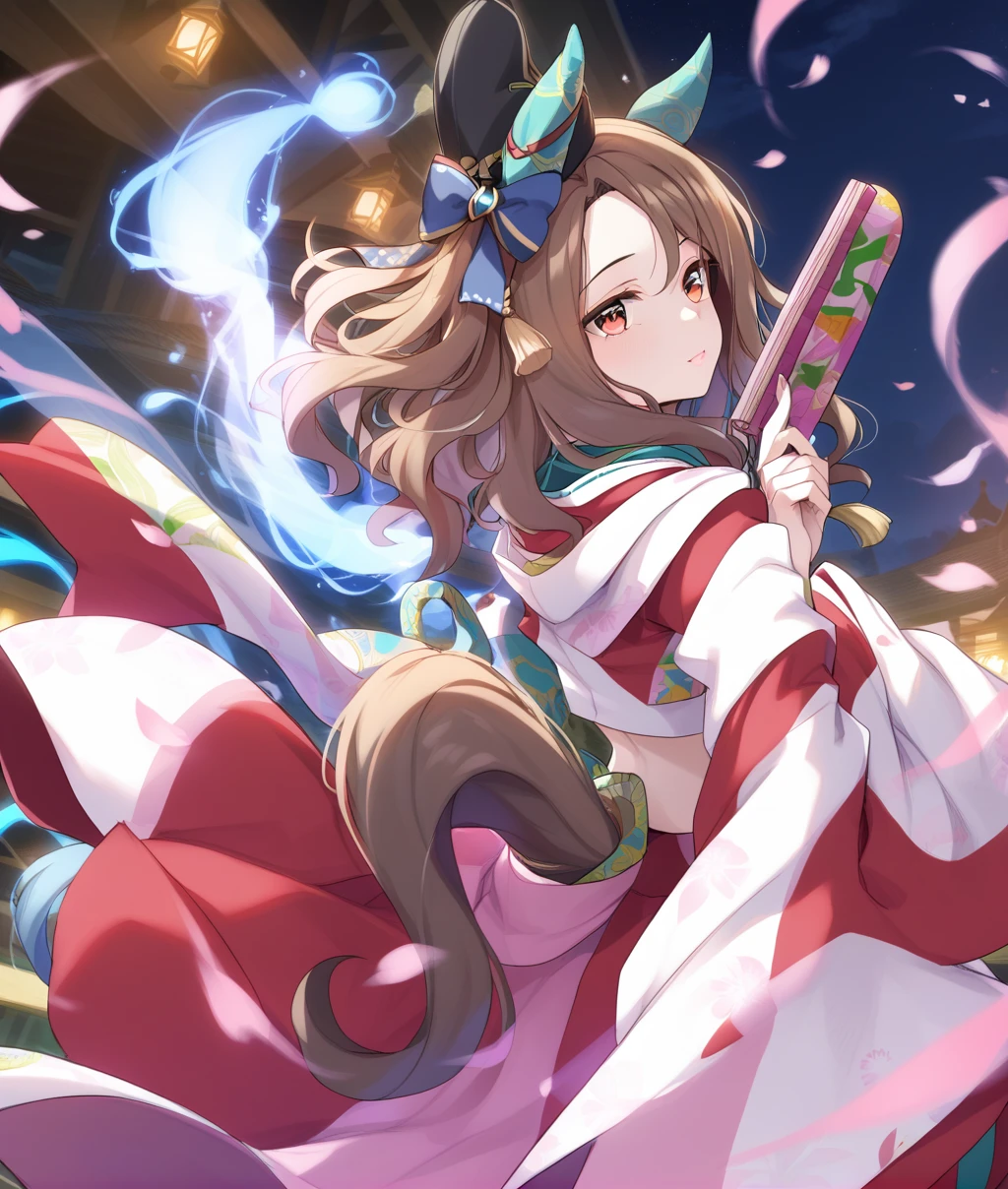 score_9, score_8_up, score_7_up BREAK
my_dance_coming_around, 1girl, solo, long hair, looking at viewer, brown hair, black hair, red eyes, long sleeves, hat, holding, animal ears, tail, detached sleeves, japanese clothes, looking back, wide sleeves, horse ears, horse girl, tassel, hand fan, horse tail, folding fan, holding fan, ear covers
<lora:King Halo-ponyXL:1>,