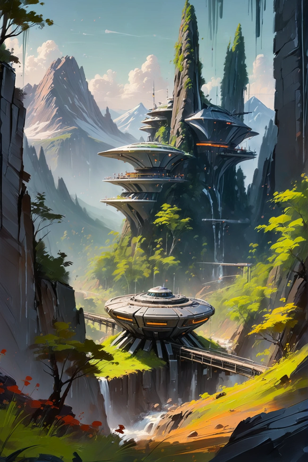 digital painting, <lora:EnvyDarkImpressionismXL01:1> mountainside scifi settlement in a Living Forest