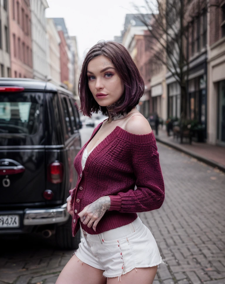 cinematic photo <lora:quiron_Tabitha Poison_v1_Lora:0.87> TabithaPoisonQuiron, , RAW, (Dutch angle), makeup, a face of perfect proportion, Depth of field, Relaxing, Armored Shoulder Pads, Avant-garde Maroon Cardigan sweater, . 35mm photograph, film, bokeh, professional, 4k, highly detailed