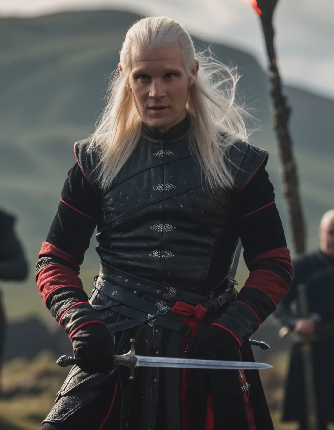 high resolution photo of da3mon, he has long white hair,full body shot,the scene has a dramatic look,he is wearing a black and red outfit,he is holding a sword,volumetric lighting and bokeh,the background is super detailed,the shot is cinematic