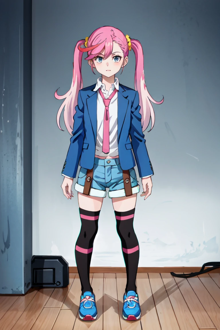 EriKaran, 1girl, solo, yellow scrunchie, bangs, blue jacket, open jacket, white shirt, purple necktie, blue shorts, thighhighs, blue sneakers, standing, outside, facing viewer  <lora:EriKaran1:0.75>