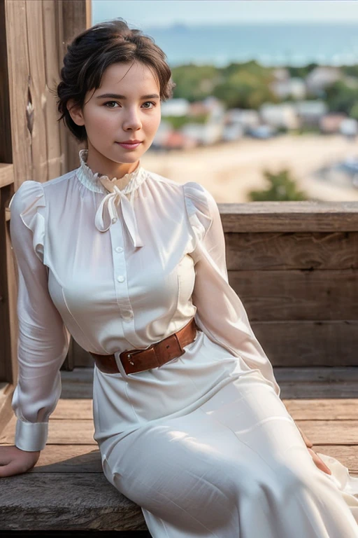 CorC0lTTXV2G,
a beautiful woman posing for masterpiece photo, sitting on a set of wooden stairs in high neck dress with wide belt, (high neck silk dress:1.2),
(professional photo shooting), (high buget photo), (extremely detailed skin), (flawless skin), (model pose), (highly detailed facial features),
(perfect color grading), (High-quality textures and materials), (perfect setup and environments:1.9), (accurate light and shadow effects), (perfect visual quality),
(natural light), (high quality photography), (intricate details), (8k), (HDR), (sharp focus), (close-up portrait:1.2), (dark atmosphere:1.2), (view from above)