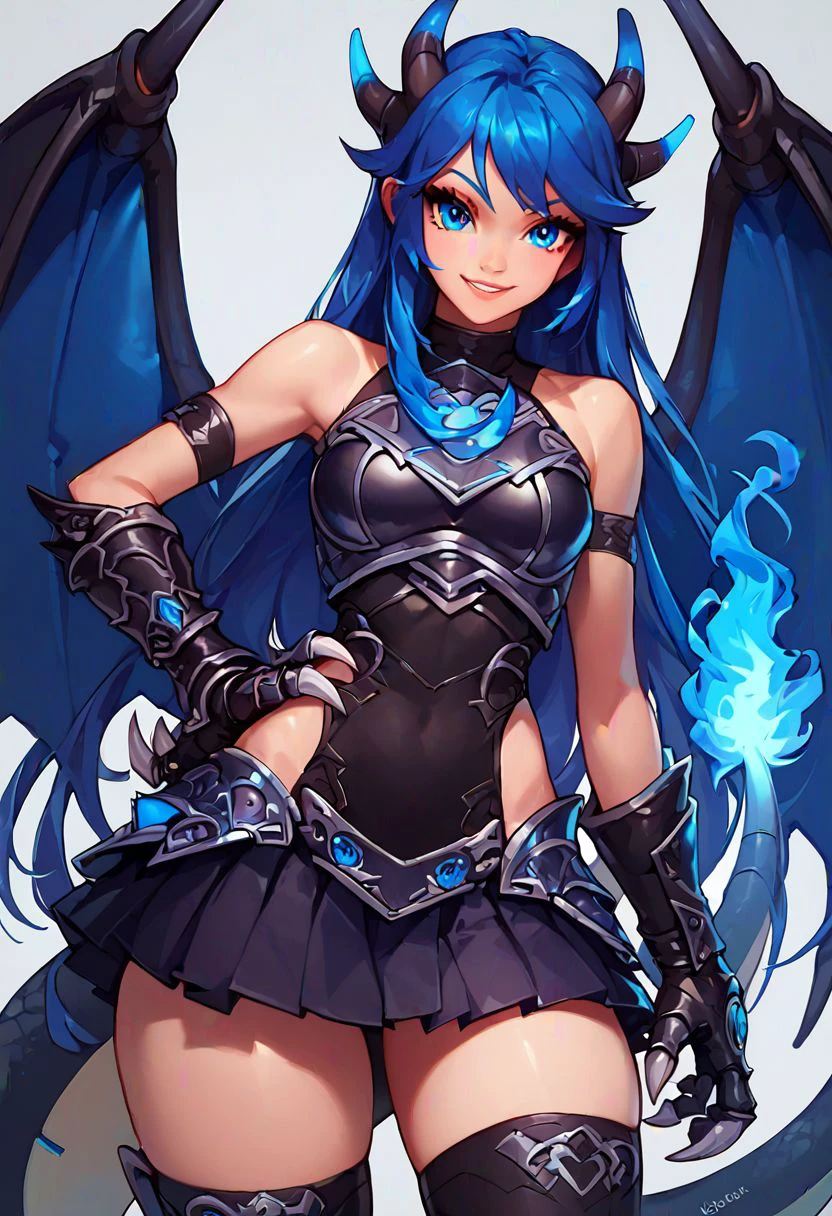 score_9, score_8_up, score_8, medium breasts, 
(curvy), cute, eyelashes, 
Charizard, horns, black armor, long hair, blue hair, blue eyes, breastplate, gauntlets, bare shoulders, big claws, blue fire,  
 smile, looking at viewer, cowboy shot, contrapposto, hand on hip, 
skirt, thighhighs,