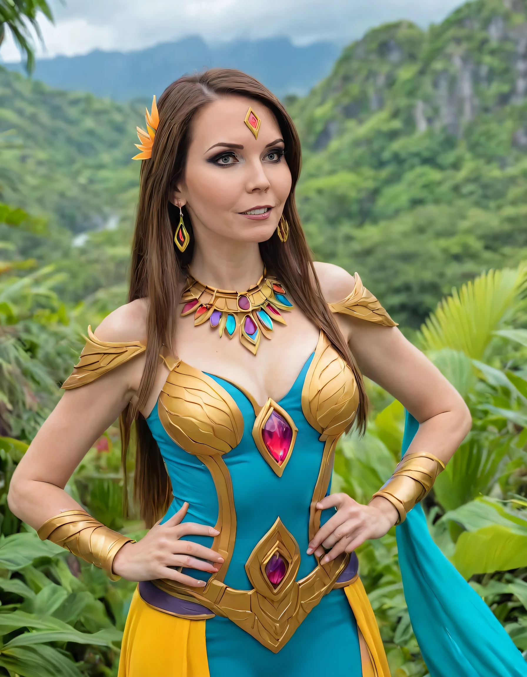 Capturing KamuiCosplay dressed as the woman in her intricate cosplay outfit with dazzling jewelry, she stands proudly amidst the lush, picturesque background of a vibrant location, radiating confidence and elegance through every inch of her elaborate attire. <lora:gnpwqj18e9230cc7dp95:1>