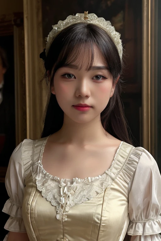 masterpiece, best quality, ultra-detailed, ultra high res, (photorealistic:1.4), raw photo, (realistic:0.2), 8k HDR, realistic lighting, 1girl, solo, looking at viewer, asymmetrical long hair, (detailed oily skin), (detailed face), (victorian background :1.1), (upper body:1.2), (victorian dress), lace, bodice