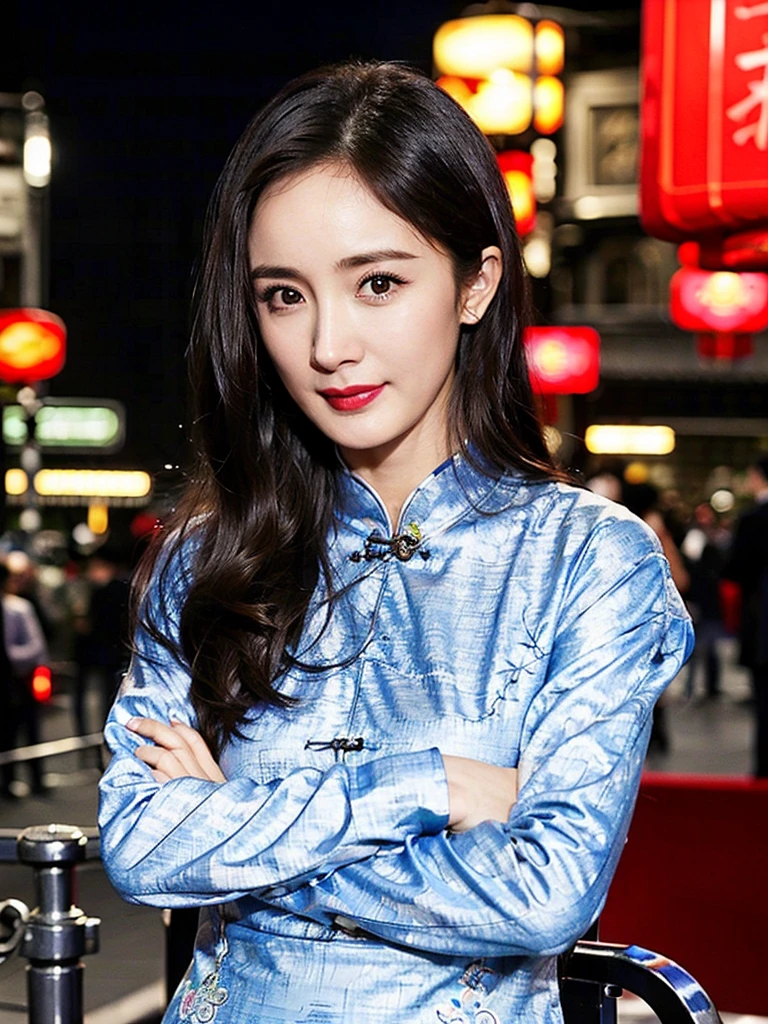 1girl, (wearing a cheongsam:1.2),(in Shanghai city:1.2),(RAW photo, best quality), (realistic, photo-realistic:1.4), masterpiece, an extremely delicate and beautiful, extremely detailed, 2k wallpaper, Amazing, finely detail, extremely detailed CG unity 8k wallpaper, ultra-detailed, highres, soft light, beautiful detailed girl, extremely detailed eyes and face, beautiful detailed nose, beautiful detailed eyes,cinematic lighting,perfect anatomy,(slim body:1.3),long hair,(black hair:1.2),city lights at night,smiling, crossed arms
<lora:add_detail:0.2> <lora:neg4all_bdsqlsz_V3.5:1.2> <lora:Yangmi_V11:0.8>