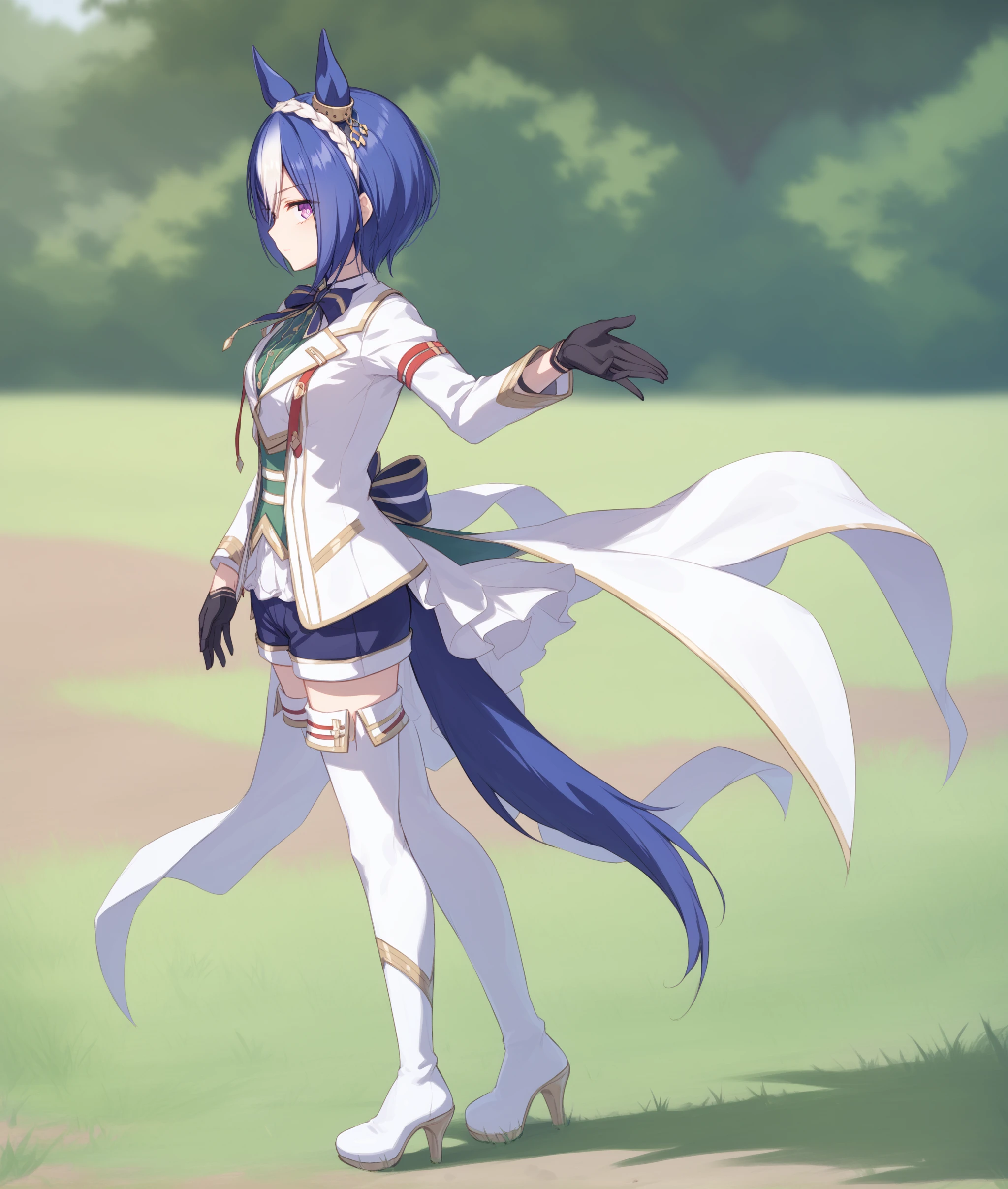 score_9, score_8_up, score_7_up BREAK
grassland, racing,
shobufuku, 1girl, solo, looking at viewer, short hair, highhighs, gloves, long sleeves, animal ears, blue hair, standing, purple eyes, jacket, tail, full body, white hair, multicolored hair, boots, shorts, black gloves, high heels, two-tone hair, white thighhighs, thigh boots, white footwear, white jacket, horse ears, horse girl, horse tail, high heel boots, half gloves,
<lora:Cesario-ponyXL:0.9>,
