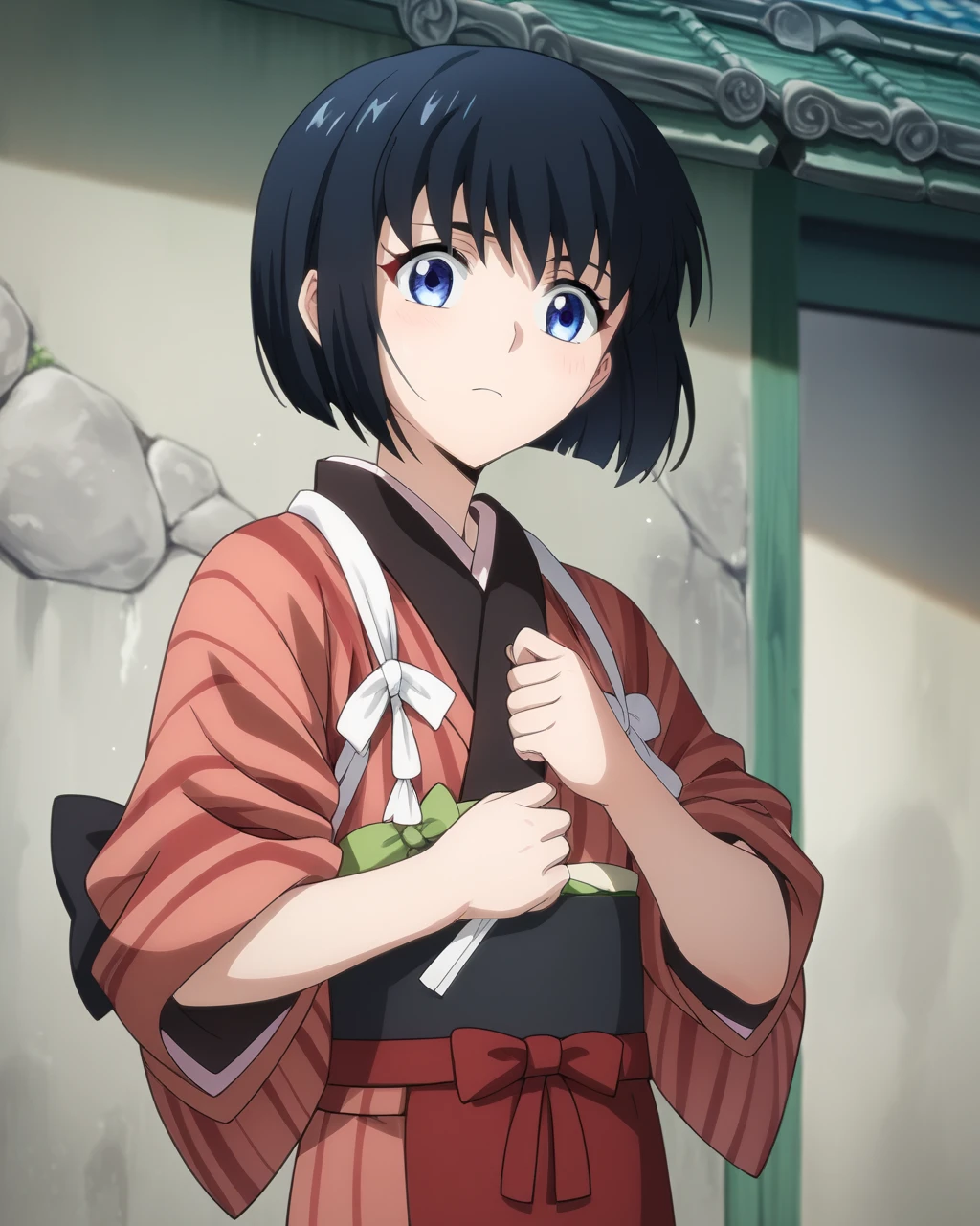 score_9, score_8_up, score_7_up, score_6_up, score_5_up, score_4_up, BREAK source_anime,
<lora:䏿¡_ç_PONY:1>,䏿¡ ç,1girl, solo, short hair, blue eyes, black hair, bob cut,japanese clothes,kimono,tasuki,