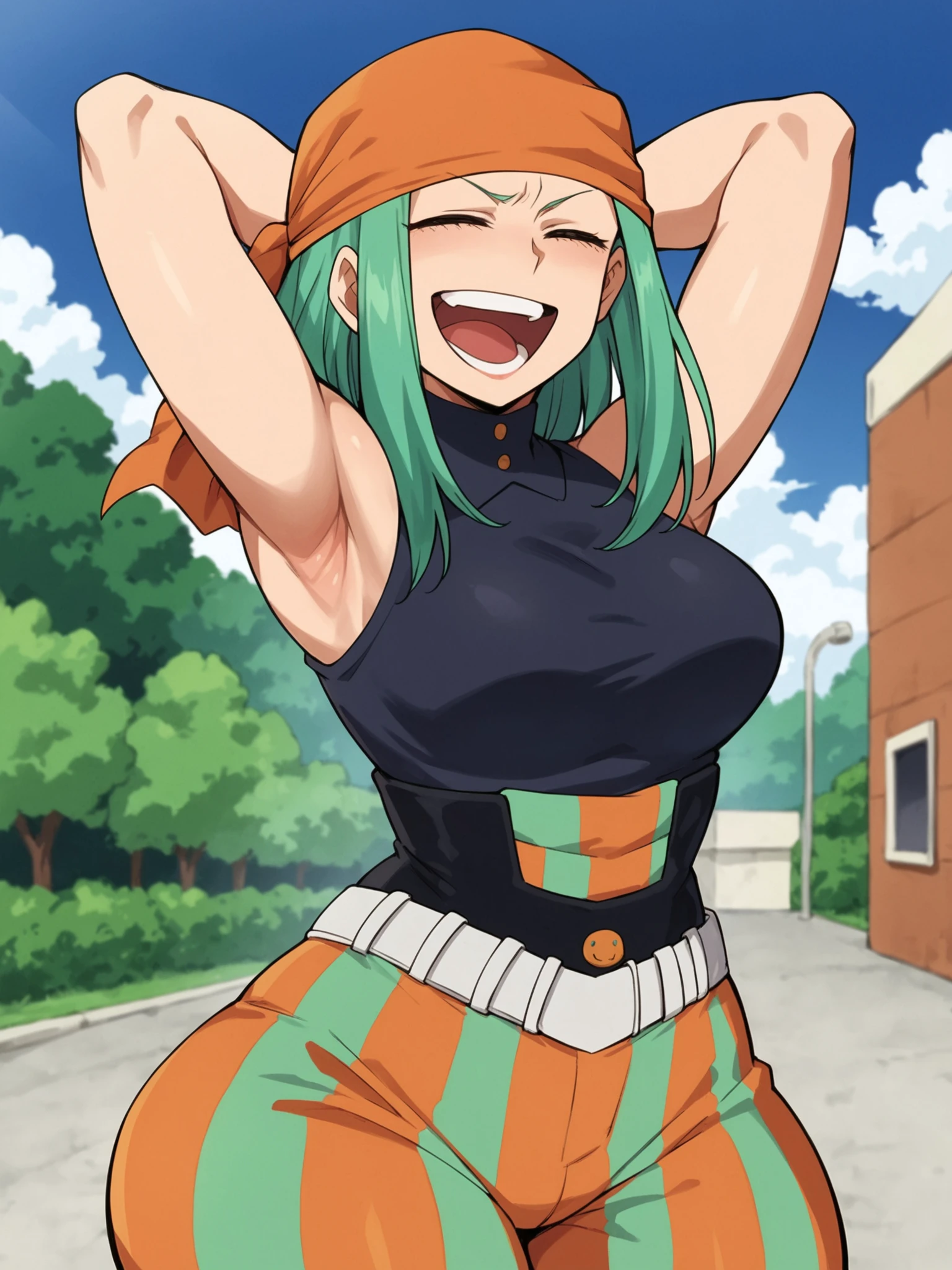 score_9, score_8_up, score_7_up, score_6_up, score_5_up, score_4_up, BREAK
emi_fukukado, green hair, bandana, orange bandana, laughing, wide hips, pants BREAK
anime style, source anime, (outline:0.7)
<lora:EmiFukukado:1>