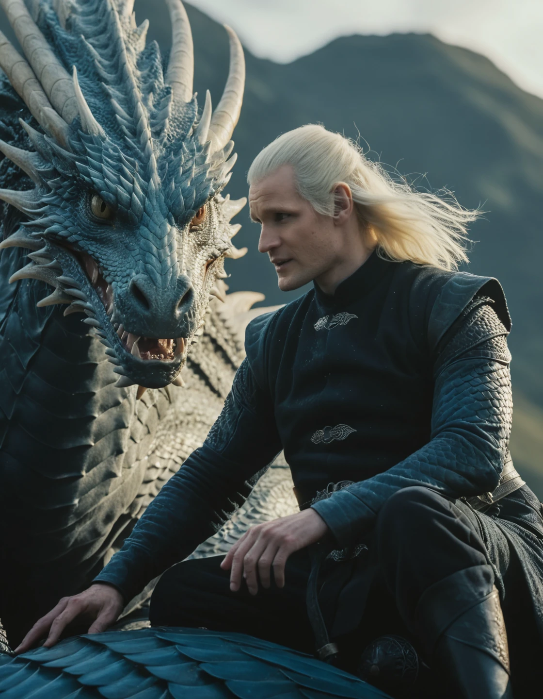 high resolution photo of da3mon, he has long white hair,sitting on a dragon,the scene has a dramatic look,he is touching a big dragon,volumetric lighting and bokeh,the background is super detailed,the shot is cinematic