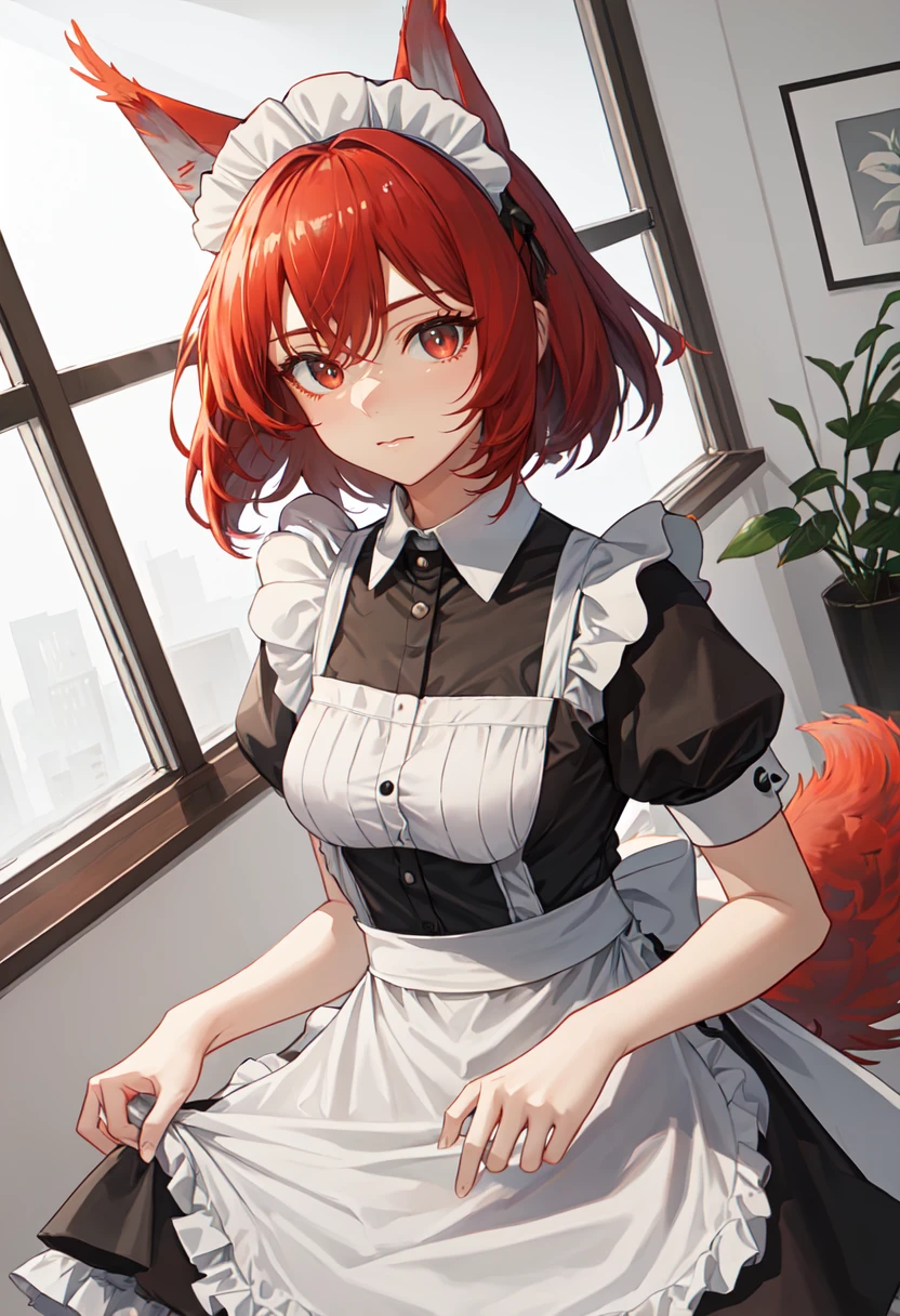 best quality, masterpiece, highres, solo, (flametail_arknights:1.10), (maid:1.40), (long maid dress:1.15), 16 <lora:flametail_arknights:0.80>