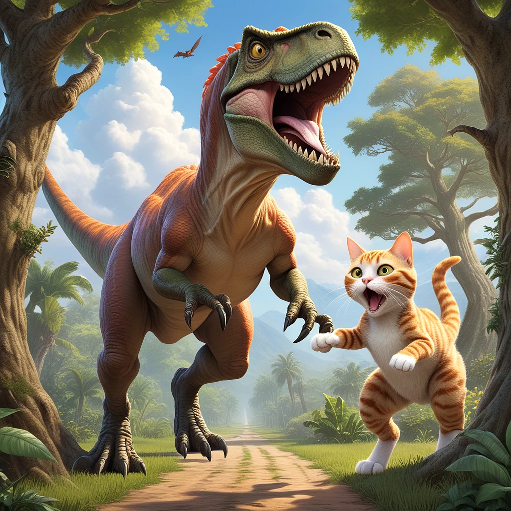 detailed fantasy cover art of t-rex chasing a cat, the cat is scared and running up a tree