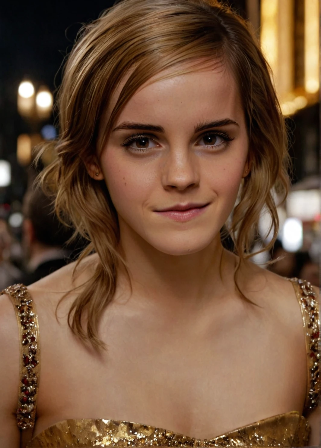 a beautiful picture of emma_watson, detailed skin texture,masterpiece, photorealistic, woman, 4k, light, RAW color photo,(fully in frame:1.1), (goosebumps:0.5), detailed face,subtle smile,wearing a golden gala dress ,night city<lora:emma_watson:1>