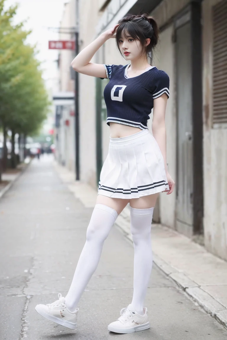 (full_body:1.3),the perfect hand,<lora:perfect hands:0.9>,standing,high quality,highres,super clear,16k,hud,in the outdoor,realive,realistic,1girl,solo,ponytail,brown hair,navel,midriff,blue t-shirt,exposed waist,white_thighhighs,striped,bangqiufu,<lora:bangqiufu:0.8>,white pleated skirt,audience oriented,arm,v_legs,fat,front,sneakers,<lora:guoguo_v1:0.8>,