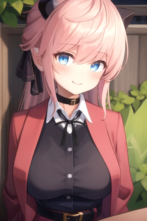 ((masterpiece)),(best quality),official art,extremely detailed CG,unity 8k wallpaper,ultra detailed,beautiful detailed eyes,extremely detailed face,outdoors,1girl,solo,upper body,(portrait:1.5),looking at viewer,facing viewer,smile,Vivi(v atmi),horns,long hair,pink hair,hair ribbon,black ribbon,sidelocks,bangs,blue eyes,choker,red coat,black dress,shirt under dress,collared shirt,white shirt,neck ribbon,white button,long sleeves,black gloves,large ,black belt,black thighhighs,zettai ryouiki,boots,black footwear,<lora:Vivi(v atmi)>,