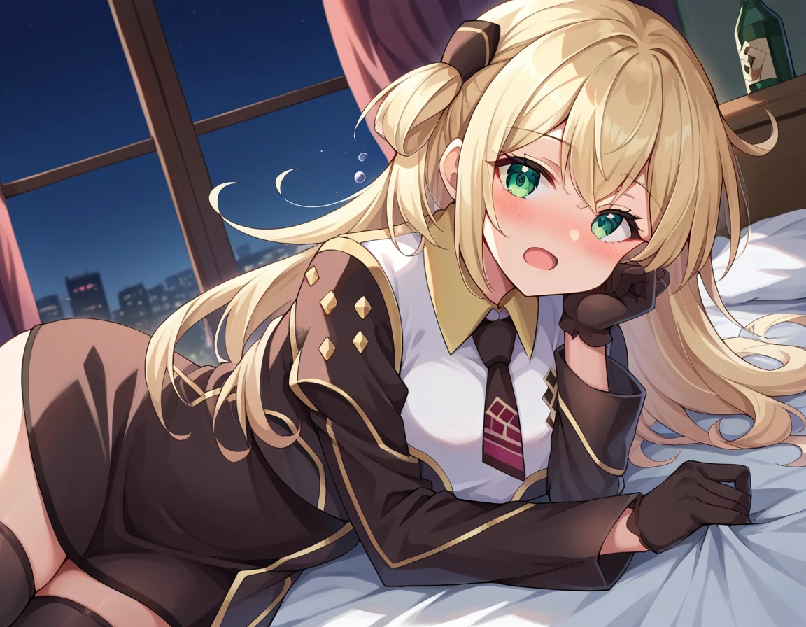 score_9, score_8_up, score_7_up, source_anime,
skystrikeraceraye, <lora:sky-striker-ace-raye-ponyxl-lora-nochekaiser:1>,
sky striker ace raye, blonde hair, green eyes, long hair, one side up,
black thighhighs, collared dress, dress, gloves, long sleeves, short dress, thighhighs, zettai ryouiki,
indoors, bed, bed room, on side, blush, drunk,
looking at viewer, cowboy shot, dutch angle,