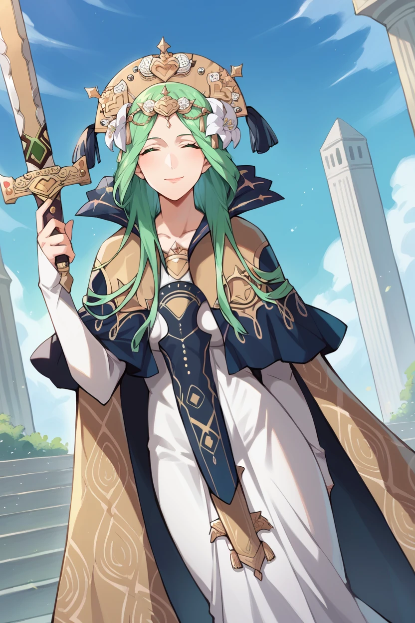 score_9, score_8_up, score_7_up, score_6_up, source_anime, BREAK 1girl, mature female <lora:rhea-pdxl-nvwls-v1-000006:1> defrhea, green hair, gold headdress, hair flower, blue cape, gold-trimmed cape, white dress, tabard, long dress, white sleeves, closed eyes, smile, looking at you, closed mouth, holding sword, stairs, blue sky