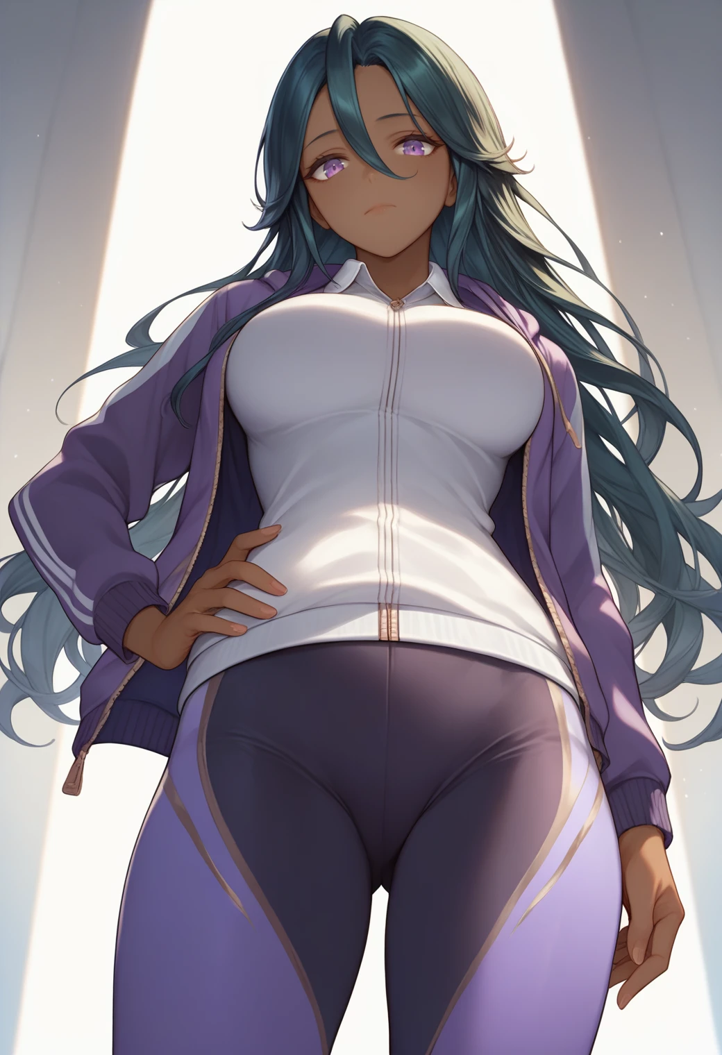 score_9, score_8_up, score_7_up, <lora:laudiakr-ponyxl-beta3-08:1>, laudiakr, dark-skinned female, 1girl, solo, upper body, crotch focus, purple leggings, thighs, purple jacket, open jacket, sweater hoodie, collared shirt, hair between eyes, long hair, hand on hip, dutch angle, track jacket, large breasts, looking at viewer, looking down, closed mouth,