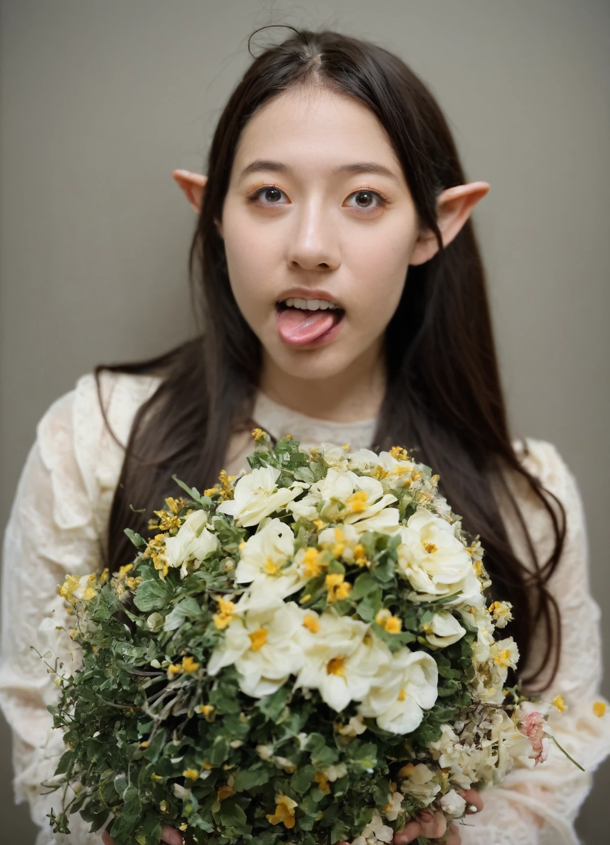score_8_up BREAK realistic, photo , irl, analog photography, 1girl, flower, long hair, looking at viewer, open mouth, brown hair, tongue, bouquet, pointy ears, holding, upper body, teeth, black hair<lora:RetouchPhoto_PonyV6_v3.1:1>