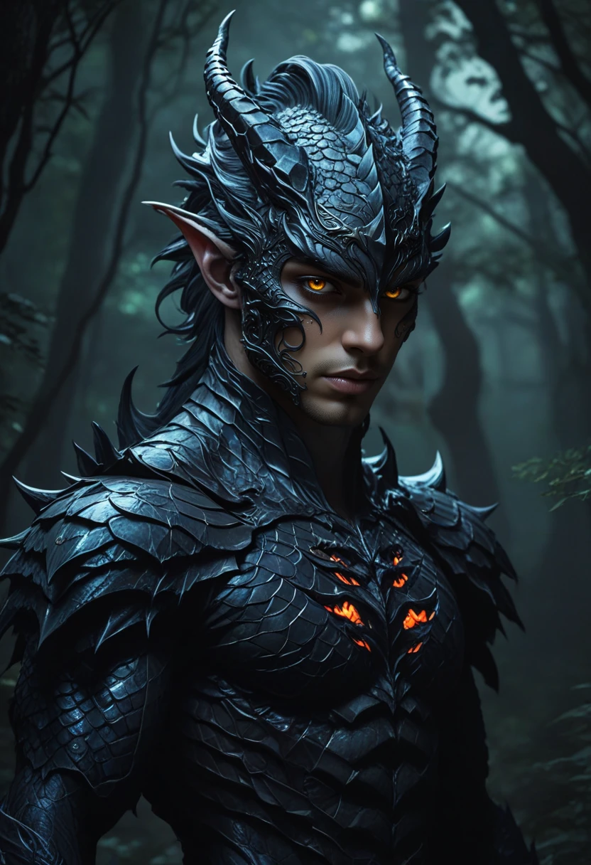 anime artwork human dragon hybrid, human head, dragon scale skin, dragon eyes, male focus, full body, standing, grimdark, creepy tale:1.15, dark forest background, rim lighting, style of Anato Finnstark, by alena aenami, <lora:RM_Niji_v1.0_bf16:0.8> . anime style, key visual, vibrant, studio anime,  highly detailed