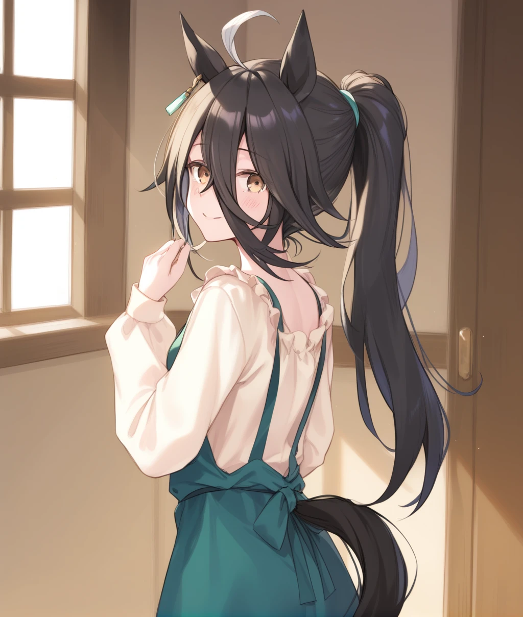 score_9, score_8_up, score_7_up, 2D, anime BREAK
its_on_the_house, 1girl, solo, long hair, looking at viewer, blush, smile, black hair, long sleeves, animal ears, hair between eyes, tail, yellow eyes, ponytail, ahoge, multicolored hair, alternate costume, alternate hairstyle, horse ears, horse girl, casual, horse tail,
<lora:Manhattan Cafe-ponyXL_locon:0.9>,