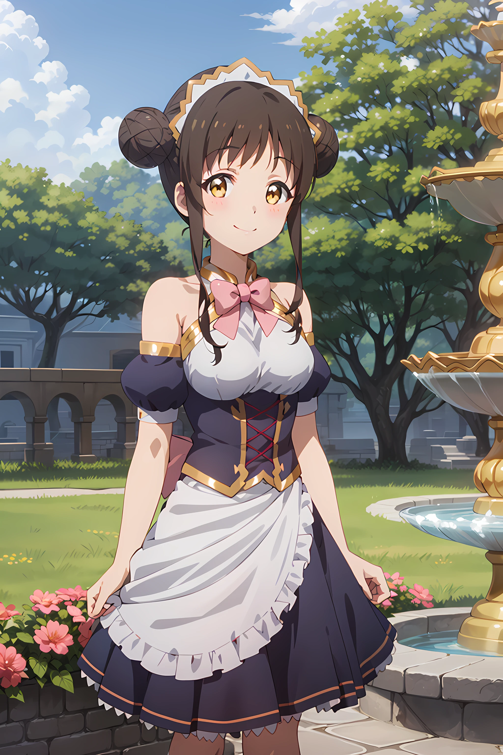 best quality, masterpiece, detailed,
<lora:PrincessConnect_Suzume_1:0.8>, Suzume,
1girl, closed mouth, smile,
brown hair, short hair, brown eyes, double bun,
maid headress, maid dress, bare shoulders, pink bowtie, puffy detached sleeves, maid apron, frills, medium breasts,
looking at viewer, arms at sides,
outdoors, fantasy, tree, fountain, cloud