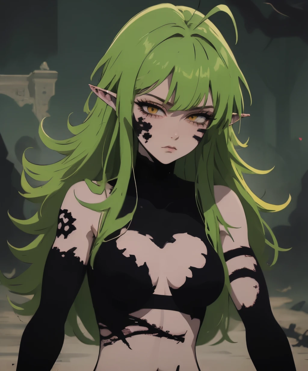 (ultra-detailed),(masterpiece),(best quality),tattoo,facial mark,aura,glowing,bodypaint,smoke,dark aura,1girl, gavial,expressionless,looking at viewer,large breasts,long hair,yellow eyes,green hair,pointy ears,navel,nude,censored,armor,convenient censoring,upper body,claws,<lora:mark_nanatsu-08:1>,<lora:Gavial:1>,