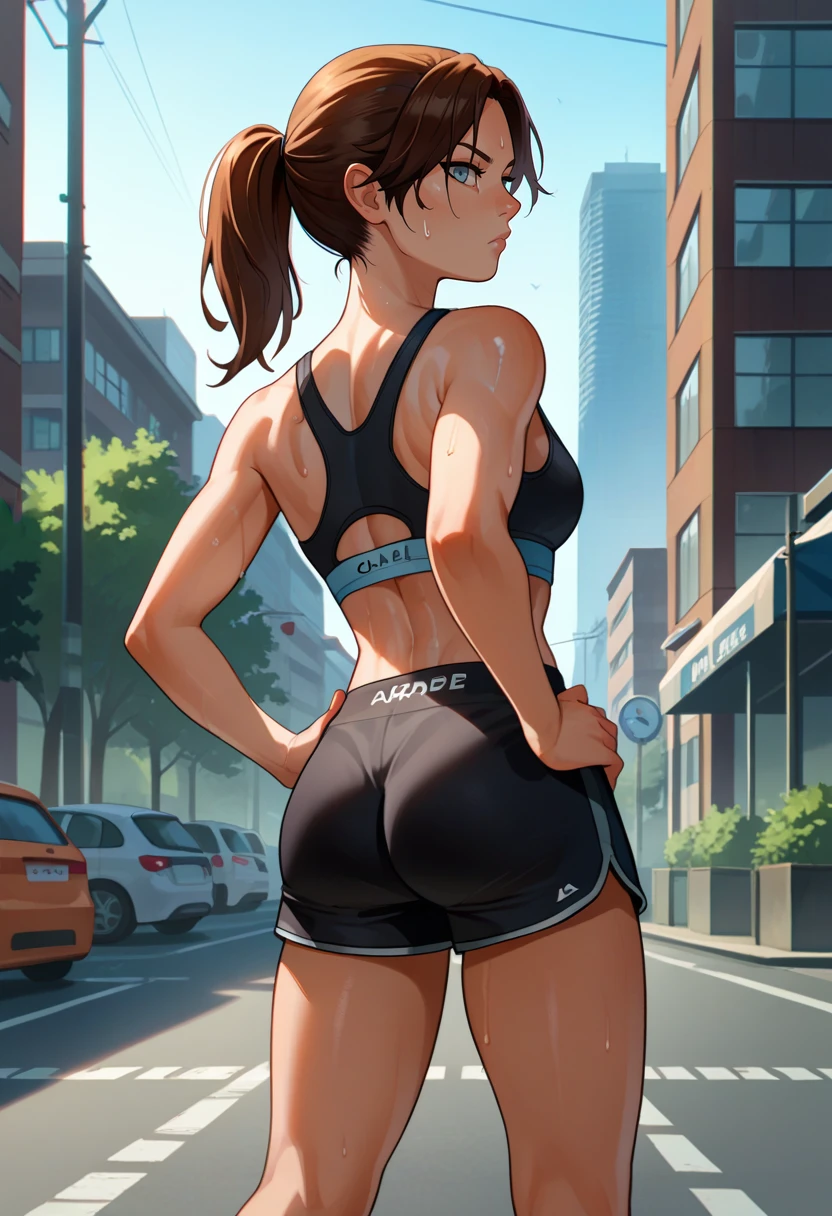 score_9, score_8_up, score_7_up, source_anime, from behind, solo, 1girl, chell, sweat, expressionless, looking back, hands on hips, ponytail, black sports bra, black shorts, ass, outdoors, city street <lora:portal_chell_ponyXL:1>