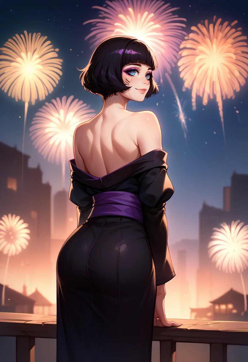 score_9, score_8_up, score_7_up, from behind, solo, 1girl, sasha yakovlev, makeup, smile, looking back, bob cut, black kimono, off shoulder, purple sash, bare shoulders, fireworks <lora:cpedgerunners_sasha_ponyXL:1>