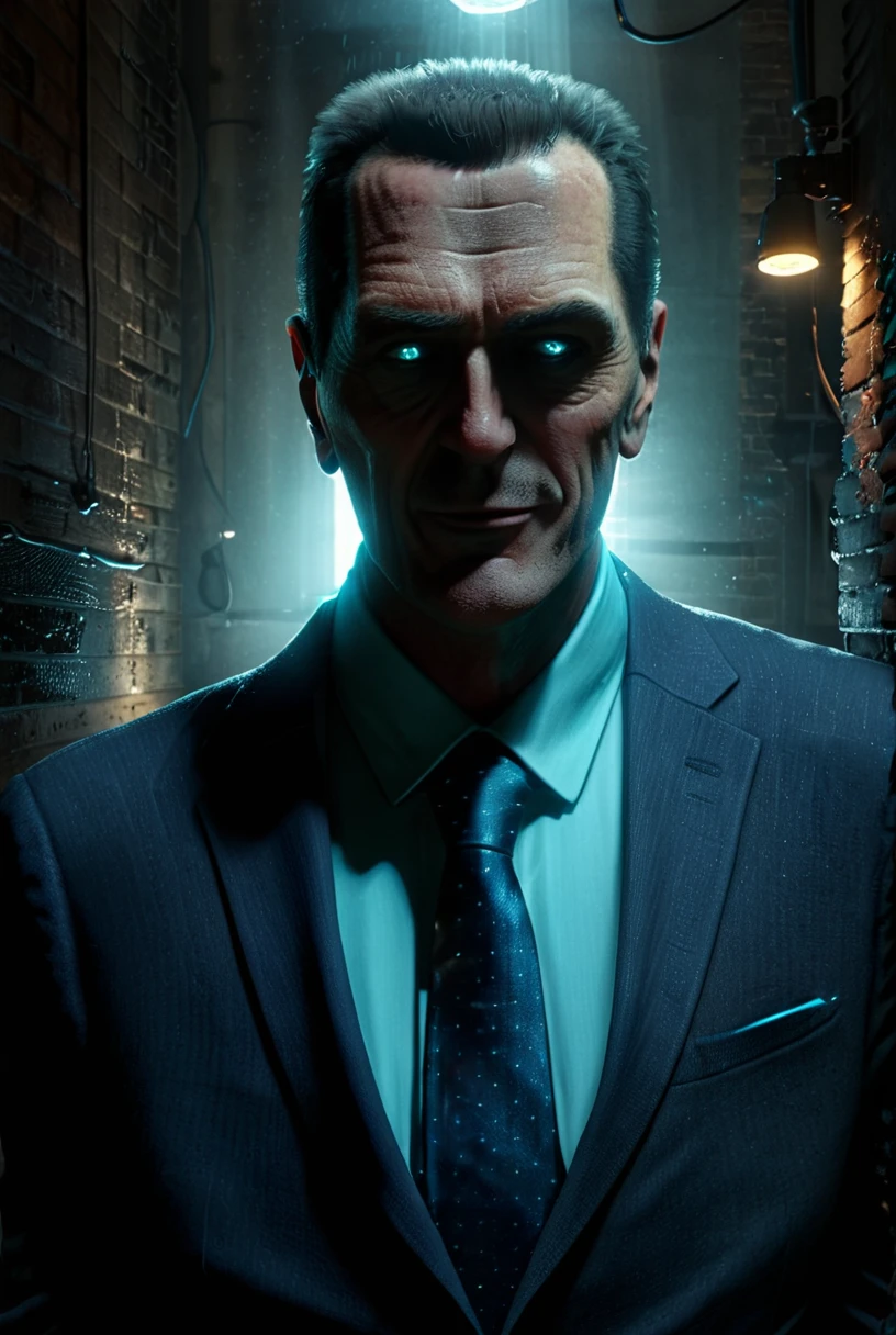 (gman) adjusting tie, looking at down at viewer, glowing aqua eyes, smirking, standing in dark alley 
[reflections, dark lighting, light rays, beams of light, realistic, high quality photo, 4k, hd, , ral-frctlgmtry]
<lora:xl_more_art-full_v1:0.6> <lora:add-detail-xl:0.5> <lora:ral-frctlgmtry:0.5>  <lora:Gman v1.0 (2):0.8>