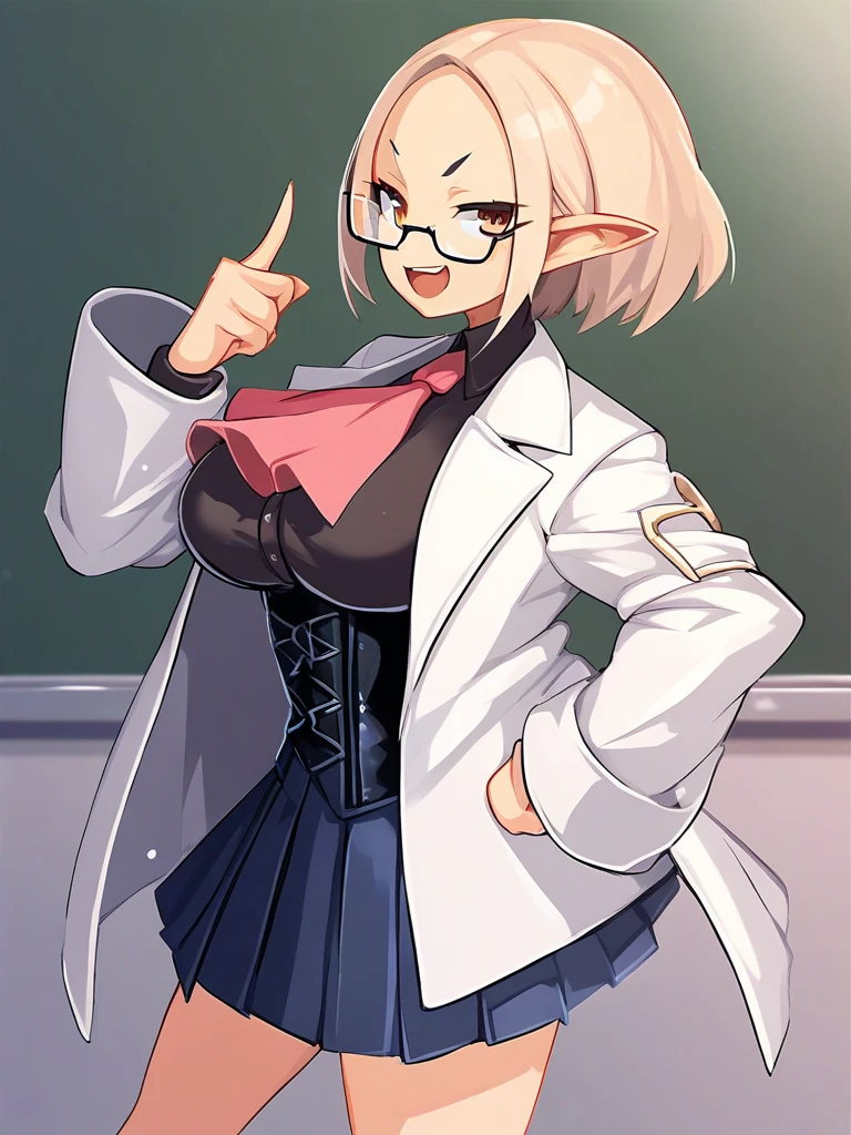 <lora:Disgaea-PonyXL-1024-v2:0.8>
score_5_up, score_6_up, 
1girl, solo, standing, from side, looking at viewer, raised index finger, hand on hip, wearing (white coat, glasses, ascot, black corset, black pleated skirt), large breasts, open coat, pointy ears, open mouth, smug, in classroom
