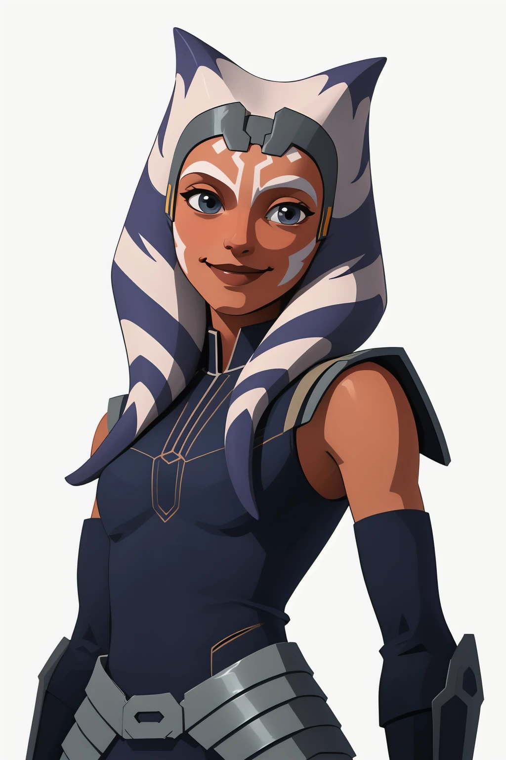 (masterpiece), (best quality), ahsoka tano, young, mandalorian armor, small smile, half body, white background