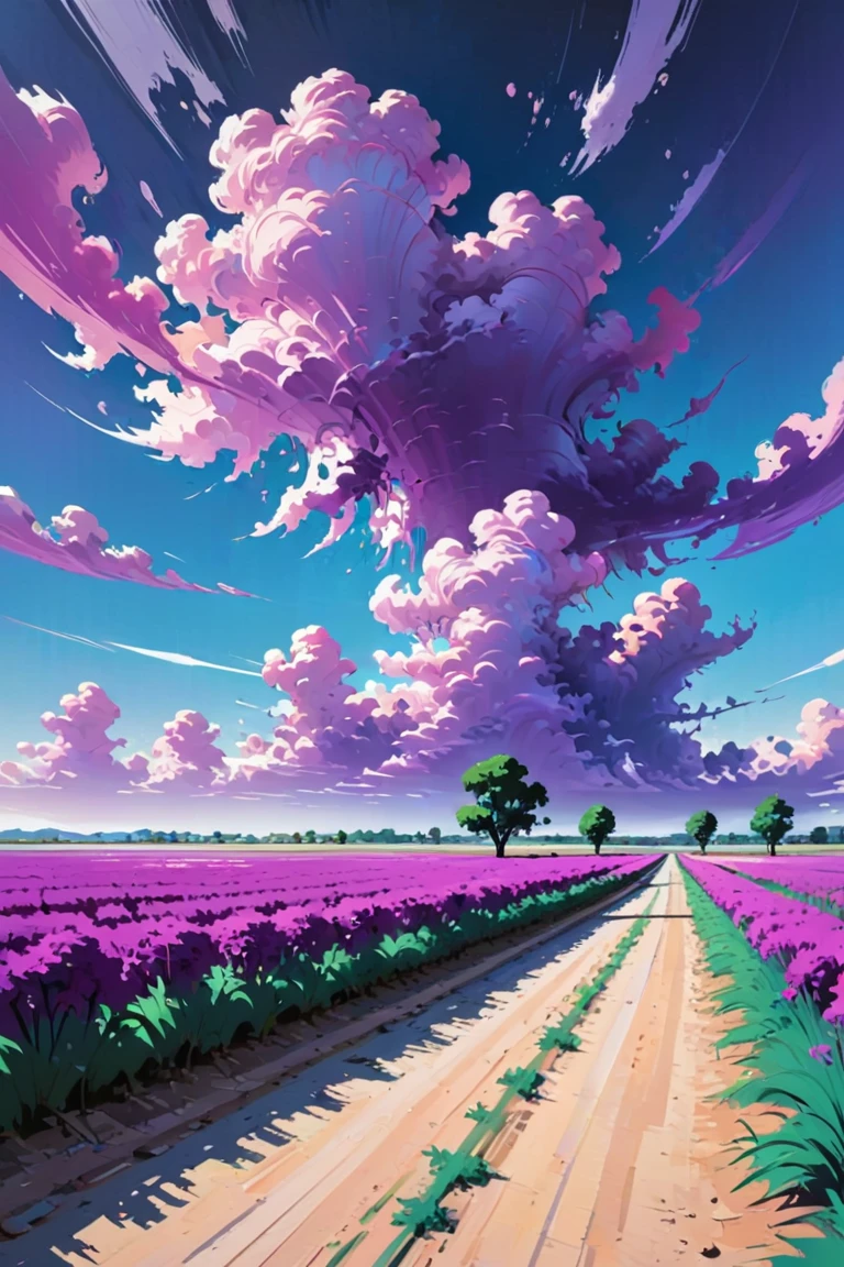 digital painting, duotone brushed color:violet metal and lightskyblue color scheme, noon, blue sky, clouds, scenery, in a Experimental Agriculture Zone<lora:EnvyBetterHiresFixXL01:0:hr=1><lora:EnvyBeautyXL15:1>