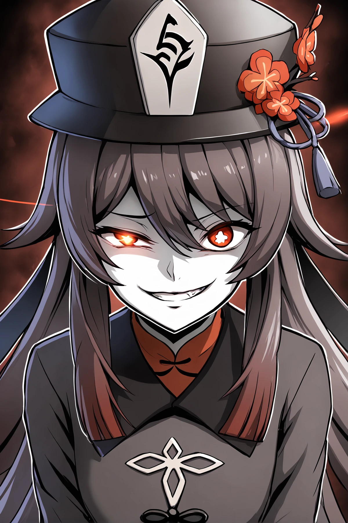 score_9,
<lora:ebiblue_v1_unpruned:1>,
evil grin, hu tao \(genshin impact\), looking at viewer, close up, black background, red aura, glowing eyes, hat,
monochrome, spot color,
source_anime,
high resolution, Masterpiece
