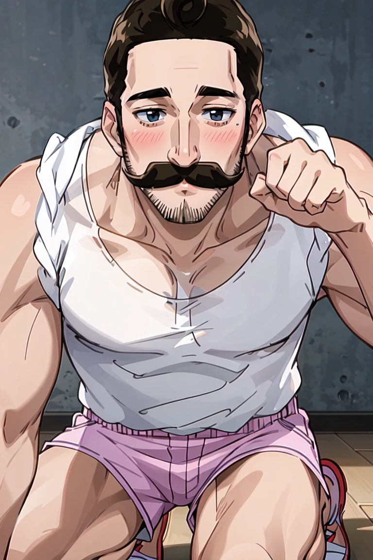 masterpiece, best quality, ultra-detailed, glistening shiny, glowing light, ray tracing, HDR, deph of field,(perfect face, detailed face) , 1boy, <lora:Alaindelon:0.7>, alaindelon, mustache, facial hair, blush, muscular, white tank top, pink shorts,paw pose, kneeling