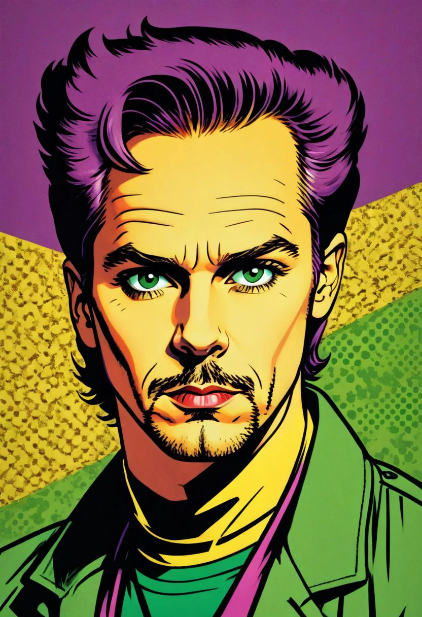 prtxztl,  1boy, male focus, solo, facial hair, green eyes, yellow shirt, purple hair, jacket, shirt, green jacket, pop art, screen printing, halftone printing, contemporary art, modern art, graphic art, commercial art, bold colors, bold lines, comic book style, comic art, advertising art, kitsch, retro style, vibrant colors, 1boy, male focus, solo, facial hair, green eyes, yellow shirt, purple hair, jacket, shirt, green jacket, flat color, newsprint texture, illustration, art by Andy Warhol and Roy Lichtenstein, retro art style, ligne claire