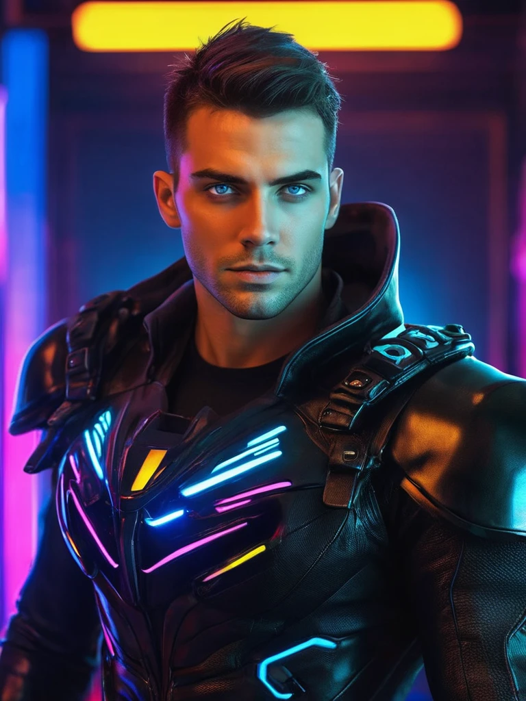 1 man, handsome hot guy, warrior, cyberpunk, suit, realistic photo, looking at viewer, neon lights eyes, reflective, glowing eyes,