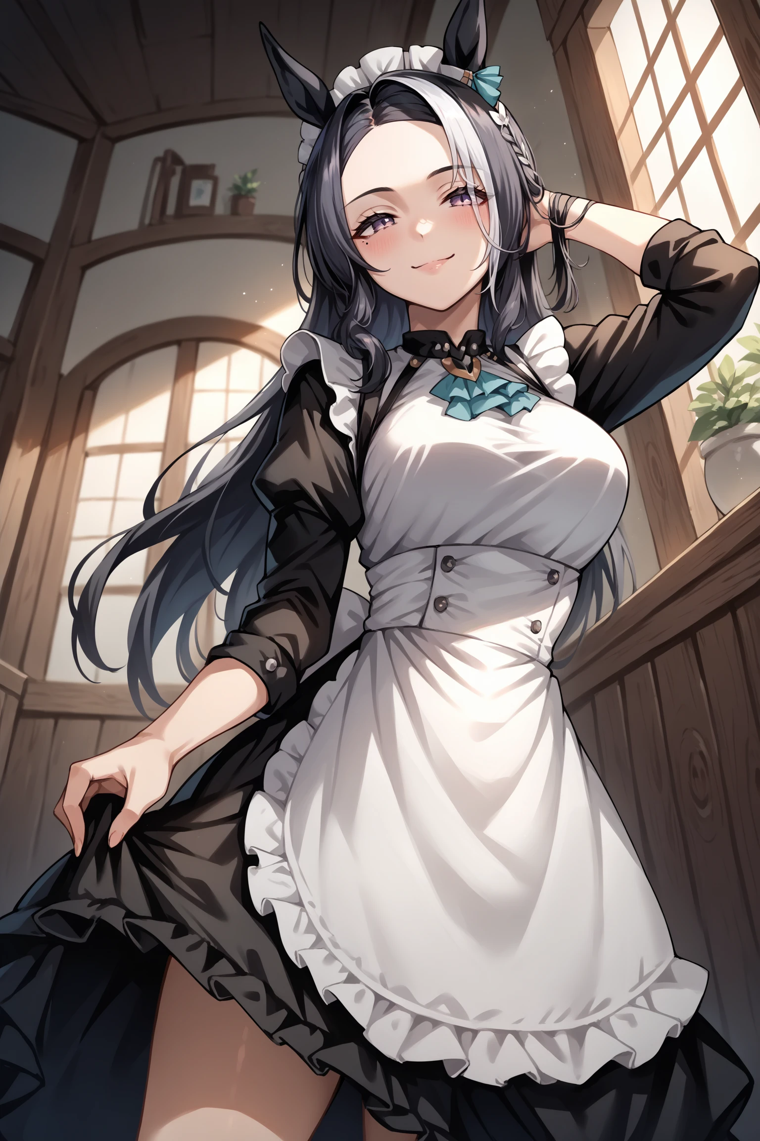 score_9, score_8_up, score_7_up, , rating_general,1girl , rmnsd, horse girl, multicolored hair, streaked hair, ear ornament, mole under eye, maid headdress, maid, long long hair, dynamic angle , source_anime, cowboy shot, indoors, naughty face, smile, <lora:MejiroRamonuPDCAMEv3 UMA:1>, full body, from side,