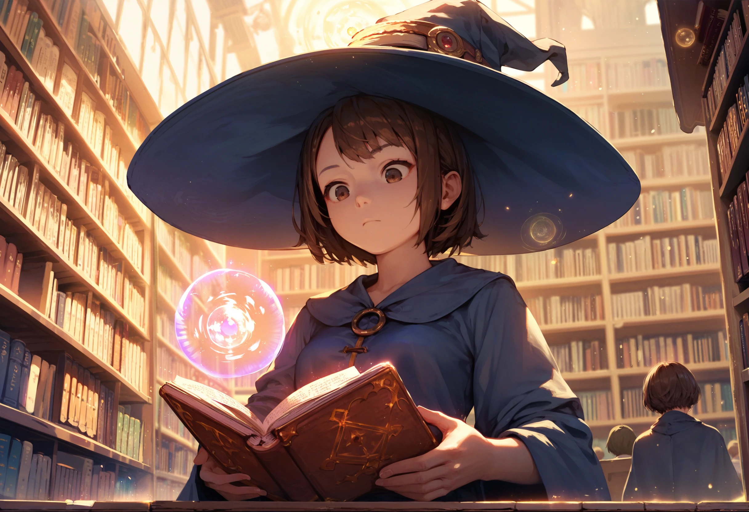 score_9,score_8_up,score_7_up,score_6_up,source_anime,<lora:Worldly_XL:1>,from_below,upper body,solo,1girl,library,reading,open book,sitting,brown hair,brown eyes,short hair,witch hat,small breasts,robe,magic,glowing orb,crowd,