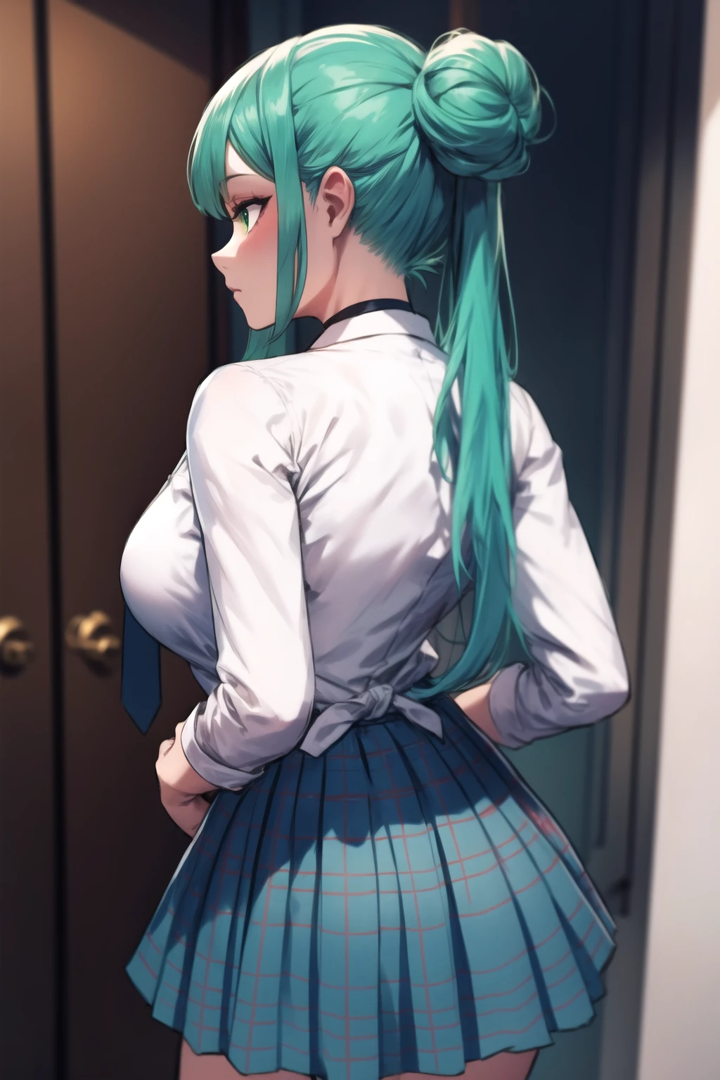 from behind, back, 1girl, green hair, green eyes, long hair, bun hair, parted bangs, twintails, large breasts, cosplay, kitagawa_marin_(cosplay), black choker, blue skirt, collared shirt, dress shirt, grey necktie, miniskirt, plaid skirt, pleated skirt, school uniform, tied shirt, white shirt, <lora:MarinKitagawaSchoolCostume-10:1>, BREAK
(masterpiece, best quality, ultra detailed, intricate details:1.2), beautiful detailed eyes, solo,  <lora:more_details:0.4>