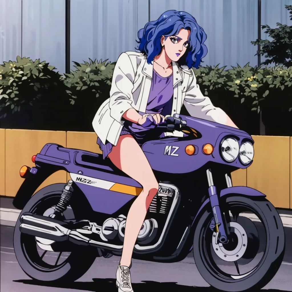 <lora:MZ2Rena001:0.7>,
solo,
MZ2Rena,1girl,blue hair,middle hair,wavy hair,hair over one eye,eyeshadow,grey eyes,purple lips,retro artstyle,1980s (style),
white jacket,purple shirt,
mini skirt,
full body,motor cycle,riding,