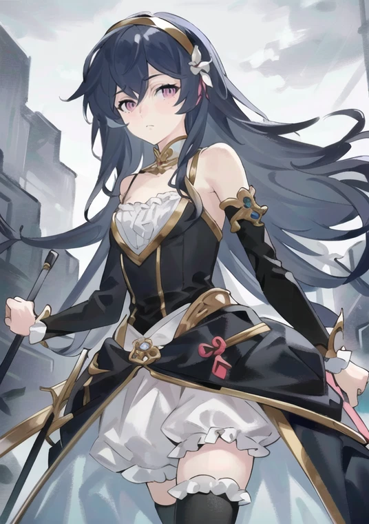 8kï¼ultra-detailed, illustration, (beautiful detailed eyes), beautiful, amazing, detailed eyes, (((masterpiece))),1girlï¼bloomers,long hair,,dark blue hair, <lora:YYS:0.9>,pink hairband,cloudy