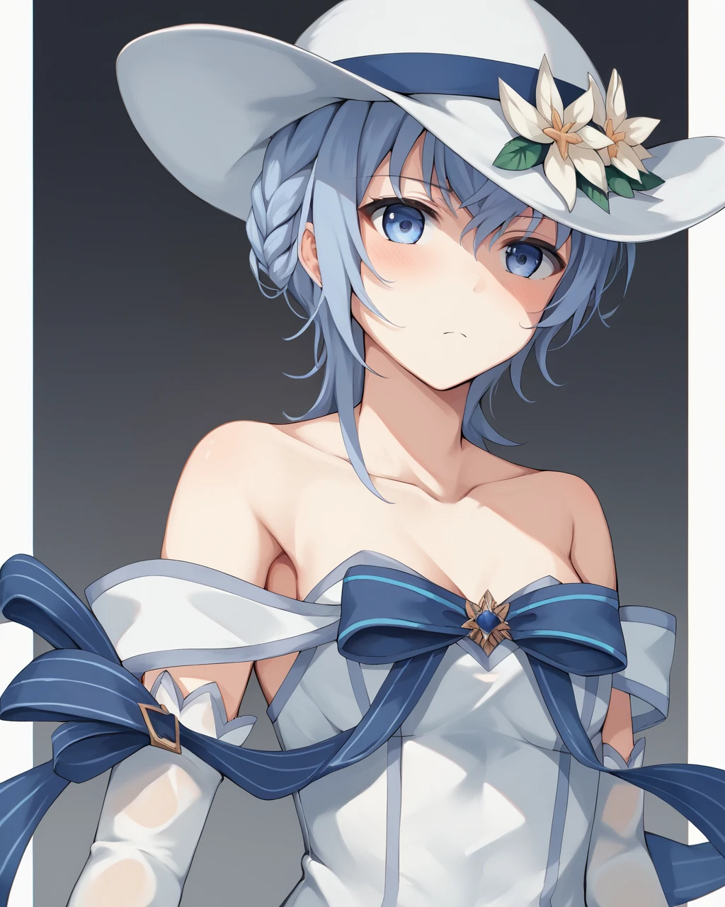 score_9, score_8_up, score_7_up, score_6_up, score_5_up, score_4_up, BREAK source_anime,
<lora:è天å_PONY:1>,è天å,1girl, solo, short hair, blue eyes,, gloves, hat, ribbon, bare shoulders, blue hair,blue eyes,white elbow gloves, white dress, see-through, white headwear, sun hat, hat flower,thighhighs,