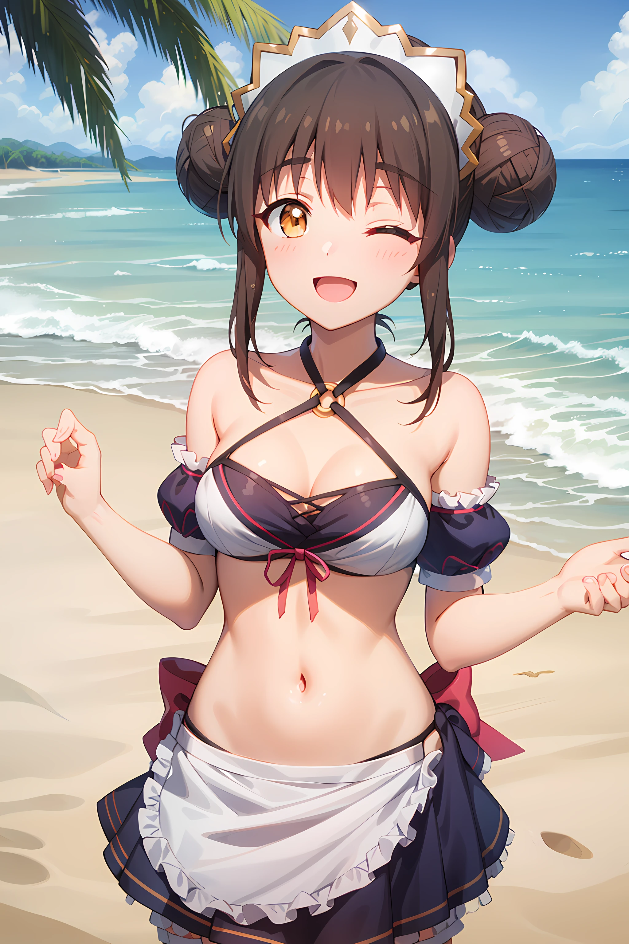 best quality, masterpiece, detailed,
<lora:PrincessConnect_Suzume_1:0.8>, Suzume,
1girl, open mouth, smile, one eye closed,
brown hair, short hair, brown eyes, double bun, 
SuzumeBikini, maid headdress, o-ring, bikini, criss-cross halter, detached sleeves, bikini skirt, pink bow, apron,
looking at viewer, cowboy shot,
beach, water, sand, palm tree, (horizon:1.2)